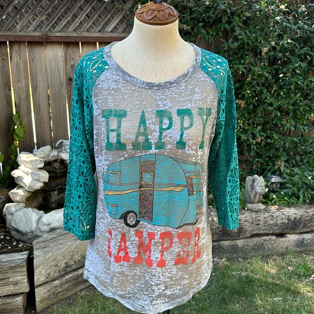 Southern Grace Happy Camper Lace Sleeved Shirt Teal Green/Gray Burnout Sz Large